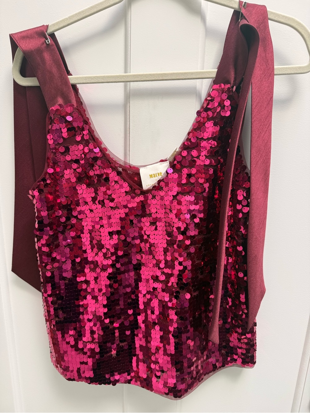 Anthropologie Hot Pink Sequin Tie-Shoulder Camisole